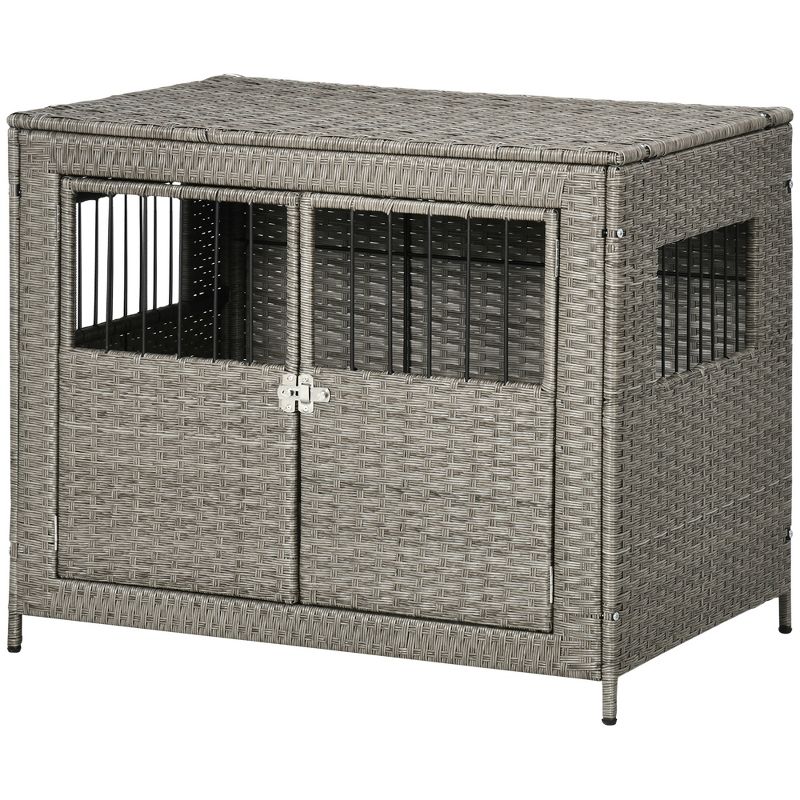 PawHut Rattan Dog Crate with Double Doors, Wicker Dog Cage with Large Entrance and Soft Cushion, Dog Kennel for Medium to Large Sized Dogs, Gray, 5 of 8