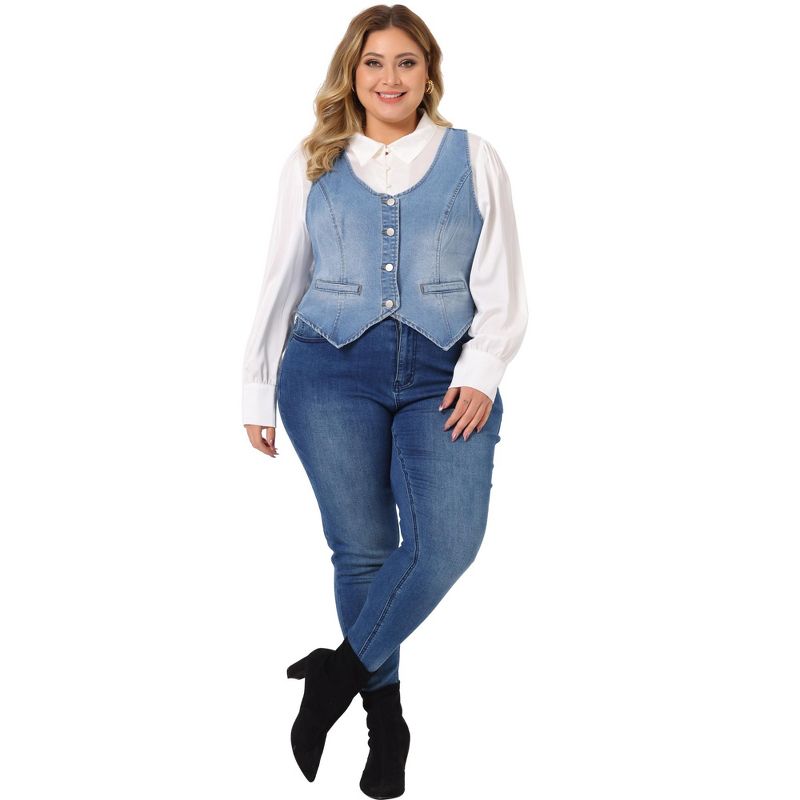 Agnes Orinda Women's Plus Size Sleeveless Button-Up Fashion Retro Jean Denim Vests, 3 of 6