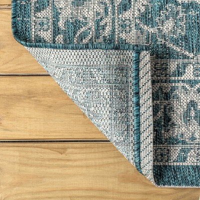Teal & Gray Vine Border 5' Round Synthetic Outdoor Rug