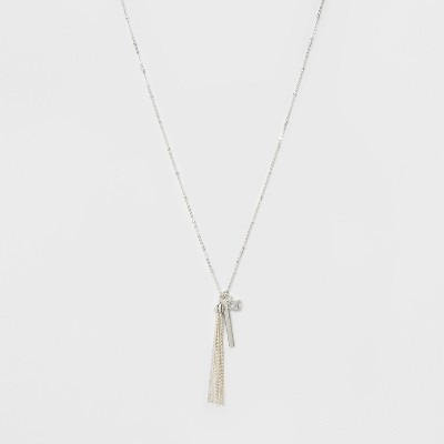 Caged Cubic Zirconia, A Smooth Bar & A Tassel Three Pendant Long Necklace - A New Day™ Silver