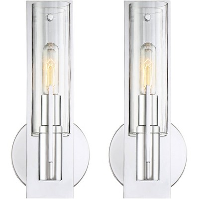 Possini Euro Design Pax Modern Wall Light Sconces Set of 2 Chrome Metal Hardwire 6" Fixture Clear Glass Shade for Bedroom Bathroom Vanity Living Room