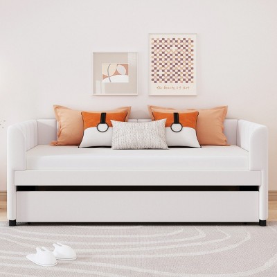 Twin Bed With Ergonomic Design Backrest And Trundle, Upholstered Bed Frame With A Twin Size Trundle, Grounded Bed Modern-Cuddlewood