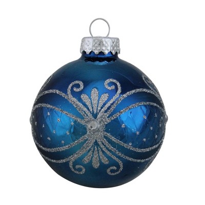 Northlight 4ct Shiny Scroll Work Glass Ball Christmas Ornament Set 2.5" - Blue/Silver