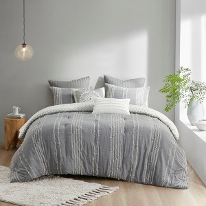 3Pcs Boho Style Cotton Comforter Set, Jacquard Striped Design Oeko-Tex Certified Bed Set, Farmhouse Decor Style Bedding Set with Matching Shams - 1 of 4