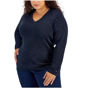 Tommy Hilfiger Womens Ribbed Metallic Threaded Pullover Sweater - 1 of 1