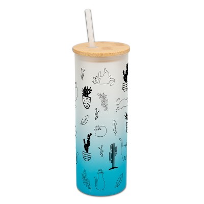 Elanze Designs Cactus Plant Desert Kitty Cat Lover Wrap-Around Design 25 Ounce Frosted Gradient Glass On-The-Go Coffee Travel Skinny Tumbler Mug Cup,