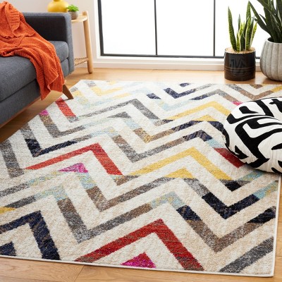 Ivory Multicolor Chevron Pattern Synthetic Area Rug