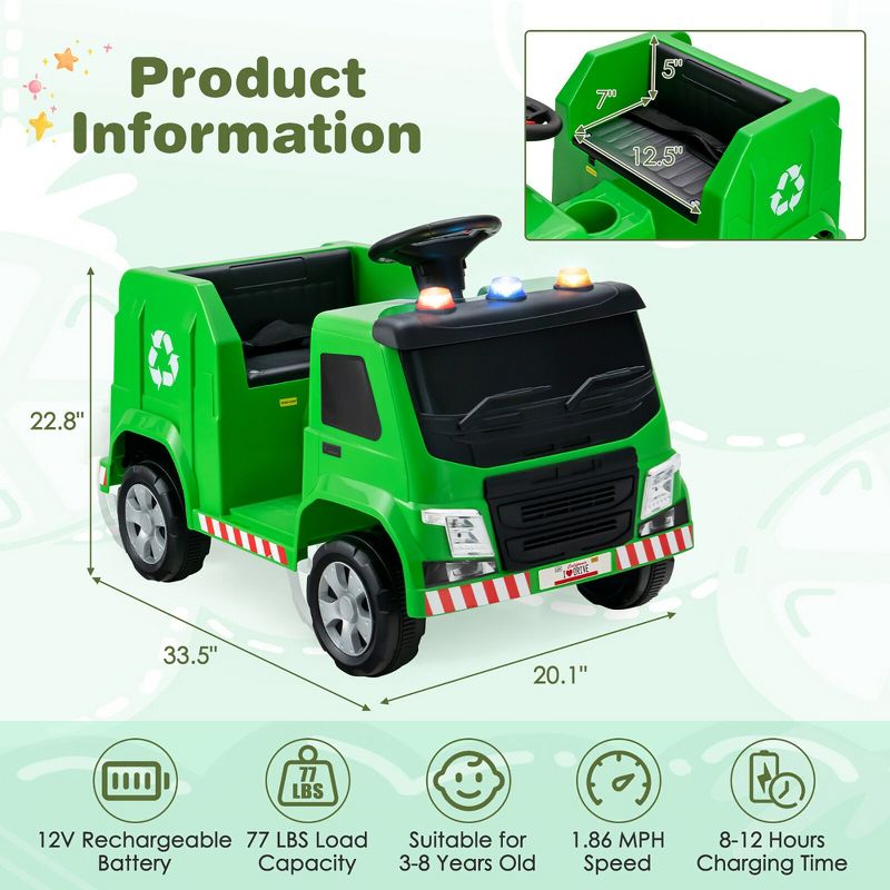 Costway 12V Recycling Garbage Truck Electric Ride On Toy Remote w/Recycling Accessories, 3 of 11