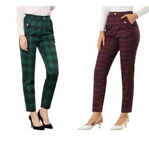INSPIRE CHIC Women's Vintage Tartan Plaid Elastic Waist Straight Long Trousers 2 Packs - 1 of 4