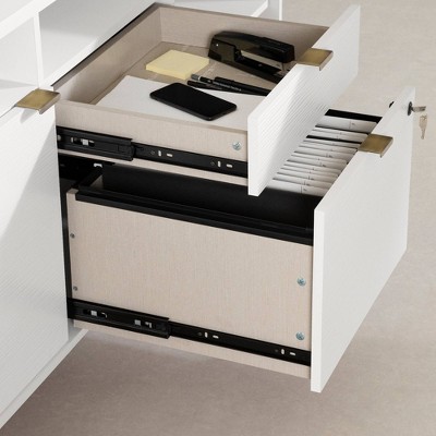 White L-Shaped Corner Desk with Hutch and Brass Legs
