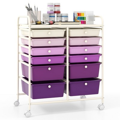 Tangkula 12 Drawers Rolling Storage Cart Classroom Organizers with Wheels for Tools Scrapbook Craft Paper Purple