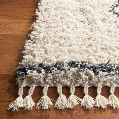 Off-White Geometric Hand-Knotted Shag Area Rug