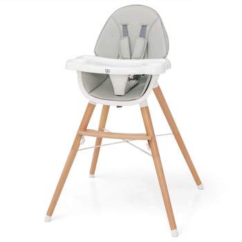 Babyjoy Baby High Chair Wooden Feeding Chair with 4-Gear Tray & Removable Cushion Beige/Grey