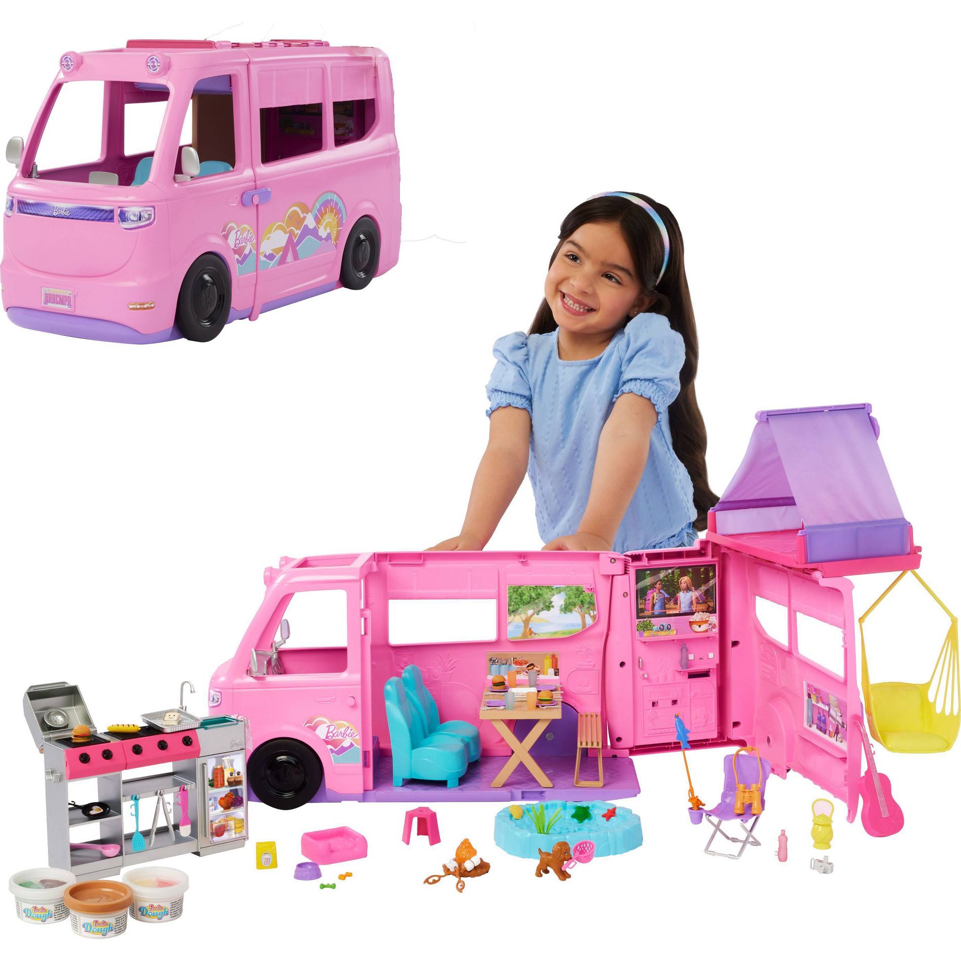 Barbie Dream Camper Playset with Roof Tent, BBQ Grill with Color-Change Feature and 60+ Accessories