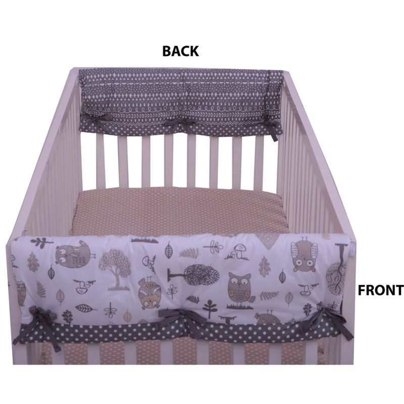 Bacati - Owls Gray/Beige Neutral Cotton Crib Rail Guard Covers set of 2 Small Side, 3 of 7