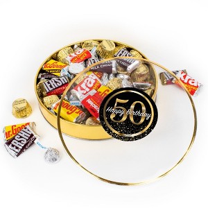 50th Birthday Candy Gift Tin - Plastic Tin with Hershey's Kisses, Hershey's Miniatures & Reese's Peanut Butter Cups - By Just Candy - 1 of 2
