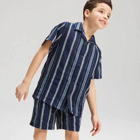 Cat & Jack Boys' Short Sleeve Striped Linen Blend Button-Up Shirt - Cat & Jack™ Blue M