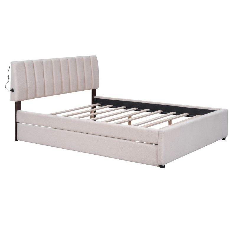 Queen/Full Size Teddy Fleece Upholstered Platform Bed with Trundle Bed and LED Lights-ModernLuxe, 5 of 14