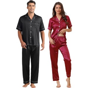 INSPIRE CHIC Couples Pajamas Sets Button Down Short Sleeve Casual 2 Pack Satin Sleepwear - 1 of 4