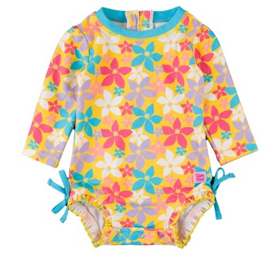 Image of RuffleButts Baby Girls UPF50+ Long Sleeve One Piece Rash Guard - Endless Summer Floral, 3-6m
