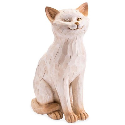 Wind & Weather Smiling White Cat Resin Statue With Look of Carved Wood