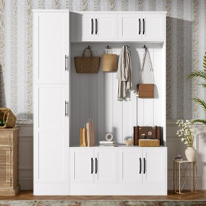 Okak 79IN Modern Hall Tree with 6 Cabinets and 4 Coat Hooks, Coat Rack with Shoe Storage Bench and Adjustable Shelf for Hallway, Living Room, White - 1 of 4