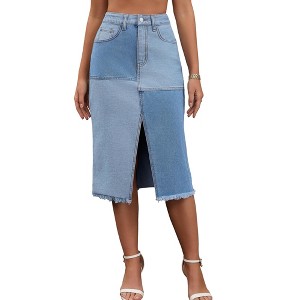 INSPIRE CHIC Women's Denim Color Block Patchwork Raw Hem Split with Pockets Midi Skirts - 1 of 4