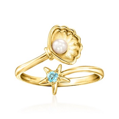 Ross-Simons 3-3.5mm Cultured Pearl Shell and Swiss Blue Topaz Starfish Ring in 18kt Gold Over Sterling