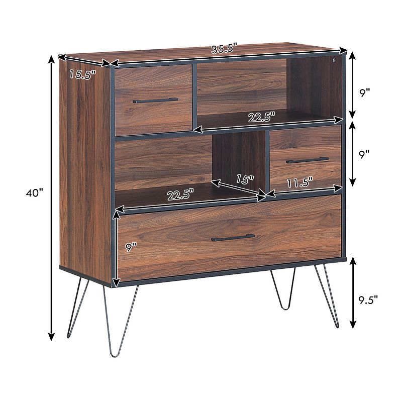 Costway Sideboard Storage Cabinet Multipurpose Display Unit w/Metal Leg & Drawers Walnut, 4 of 11