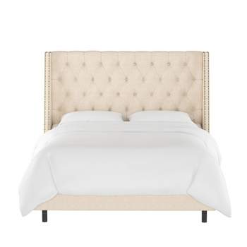 King Arlette Nail Button Tufted Wingback Bed in Textured Linen Cream - Skyline Furniture