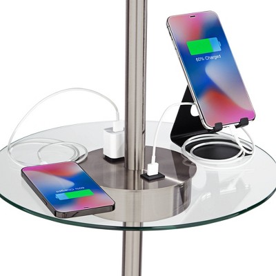 Silver Brushed Nickel Floor Lamp with Glass Tray and USB Port