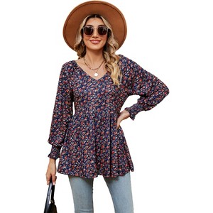 Women's Blouses Fall Puff Long Sleeve Shirts Casual V-Neck Loose T-Shirts - 1 of 4