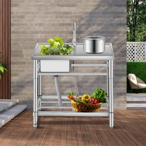 Stainless Steel Utility Sink, Free Standing Single Bowl Commercial Sink with Faucet, Hot/Cold Water Pipes, Storage Shelf & Drain Kit for Kitchen - 1 of 4
