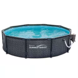 Summer Waves P20010301 Active 10ft x 30in Outdoor Round Frame Above Ground Swimming Pool Set with 120V Filter Pump with GFCI, Gray Wicker
