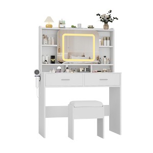 Makeup Vanity Desk with Sliding Mirror, Modern Makeup Vanity, 2 Drawer and Soft Cushioned Stool, 3 Lighting Modes Adjustable, for Bedroom - 1 of 4