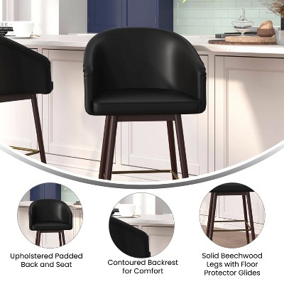Black Leather and Walnut Wood Counter Stools with Metal Accents