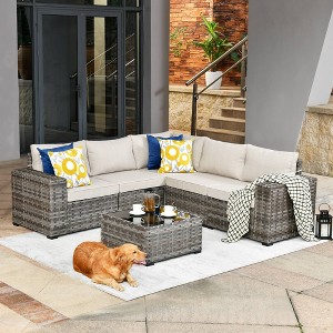 Marlton 6pc Wicker Outdoor Patio Furniture Set Conversation Sofa Sectional with a Table and Cushions - 1 of 4