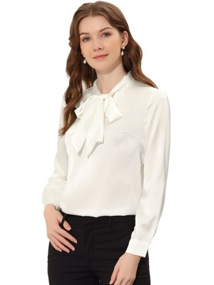 Allegra K Satin Blouse For Women's Bow Tie Neck Solid Work Office