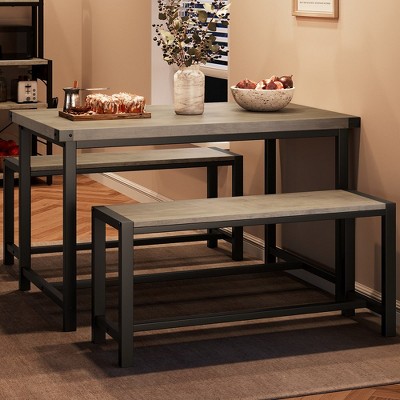 Dining Table Set for 4, Kitchen Table with 2 Metal Wood Benches, Rectangular Room Dining Table Set, for Small Space, Apartment, Studio, Rustic Gray