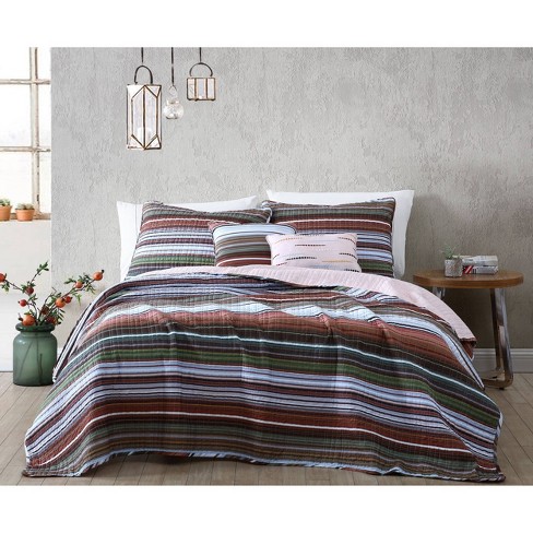 5pc Queen Haze Stripe Quilt Set Autumn Morn Green/dark Brown/light Blue -  Geneva Home Fashion : Target