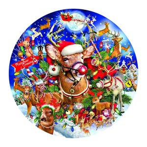 Sunsout Reindeer Madness 1000 pc Round Christmas Jigsaw Puzzle 35114 - 1 of 4