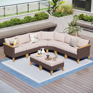Captiva Designs 8pc Outdoor Wicker Rattan Patio Half-Moon Curved Sectional Sofa Set with Cushioned Ottoman - 1 of 4