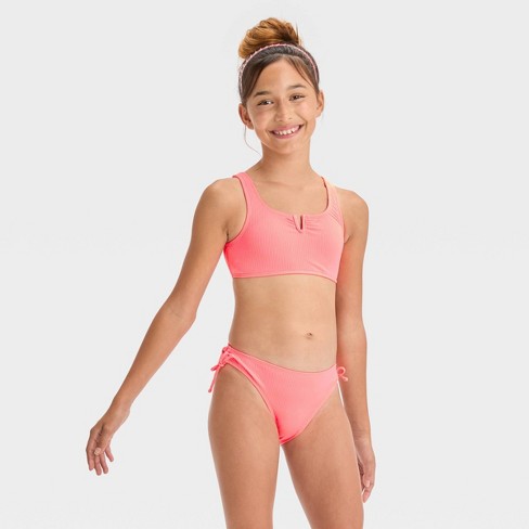 Girls' 'classic Ribbed' Solid Bikini Set - Art Class™ Coral Orange M :  Target