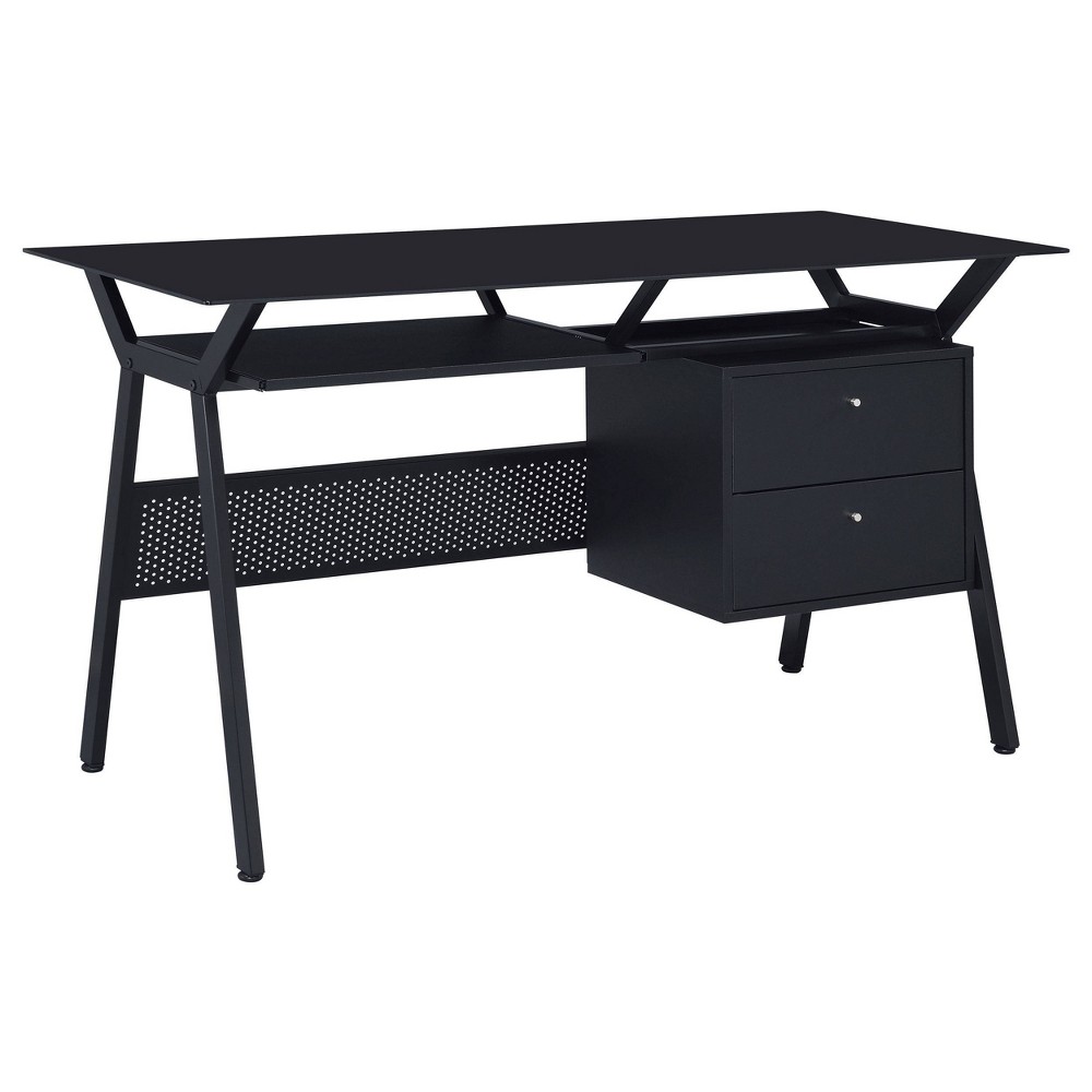 Photos - Office Desk Weaving 2 Drawer Glass Top Computer Desk with Keyboard Tray Black - Coaste