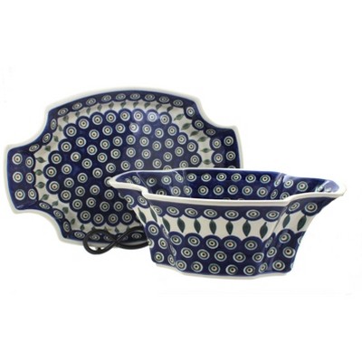 Blue Rose Polish Pottery Peacock Exotic Bowl & Tray Set