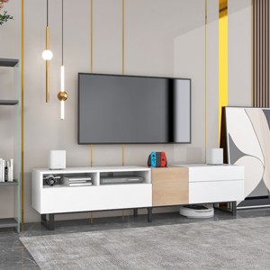 KTMBDW TV Stand for TVs up to 80'', Entertainment Center With Door, Shelves & Cabinets, Long Boho Media Console for Living Room, Natural - 1 of 4