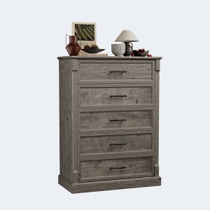 Storage drawers, bedroom five-drawer dresser, farmhouse tall chest of drawers with metal handles, living room, hallway rustic wooden dresser - 1 of 4