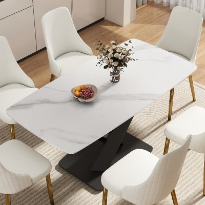 Modern Artificial Dining Table for 6, Sintered Stone Top Kitchen Table, Curved Edge Table with Black X-shaped Metal Legs-The Pop Home