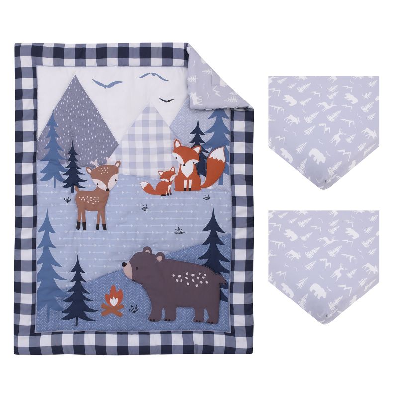 Little Love by NoJo National Park Navy Buffalo Check, Gray, Blue, and Brown Camping Bear, Deer, and Fox 3 Piece Mini Crib Bedding Set, 5 of 7