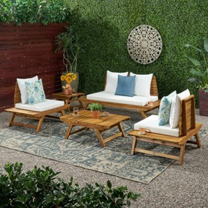 Christopher Knight Home Sedona Outdoor Acacia Wood 4 Seater Chat Set and Side Table with Cushions - 1 of 4